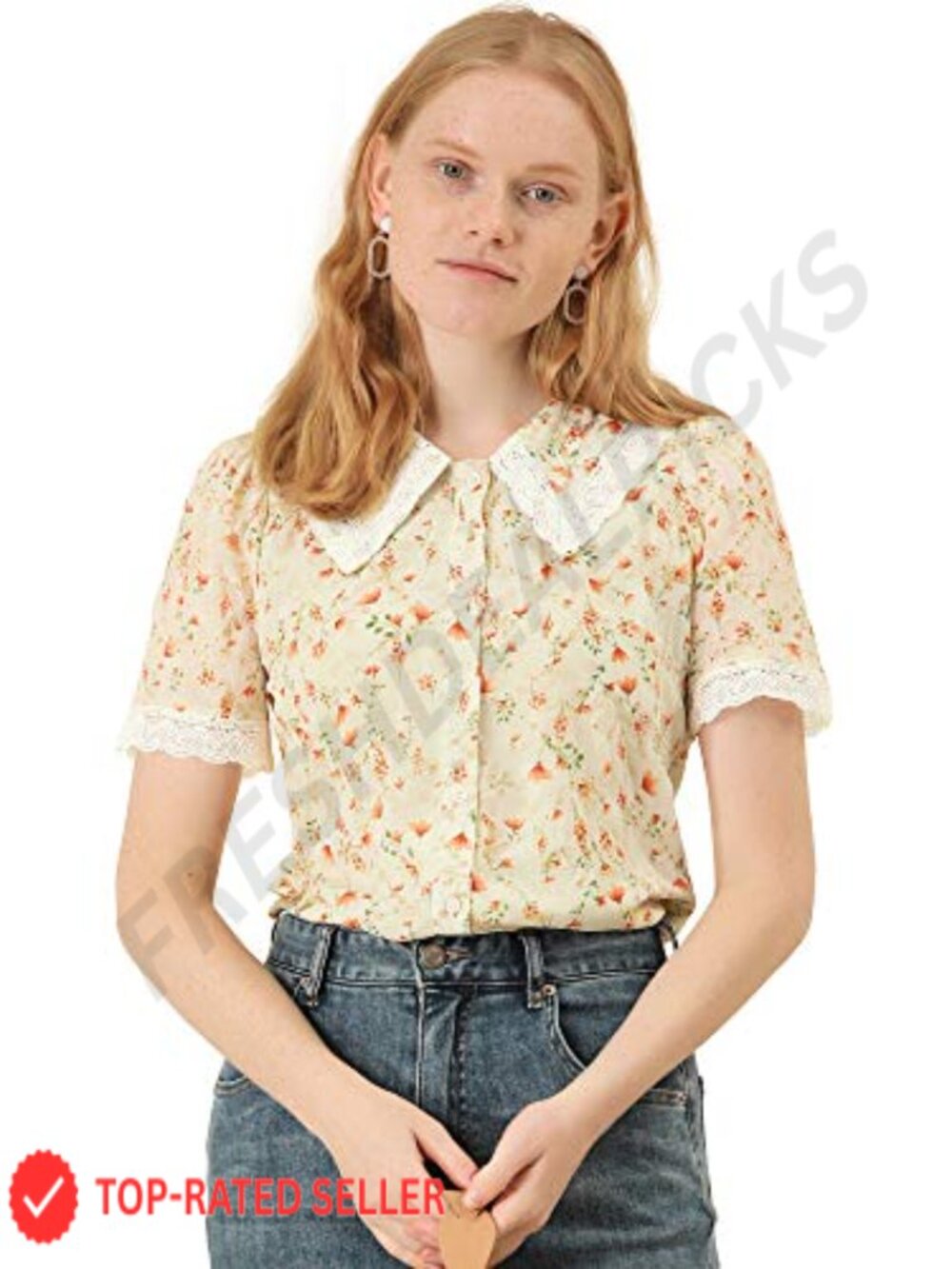 Floral Embroidered Lace Trim Peter Pan Collar Blouse Short Sleeve